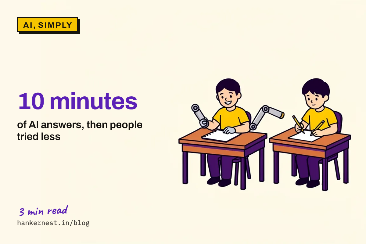 Two cartoon desks side by side. At one, a smiling person sits with a friendly robot arm beside a notepad. At the other, the same kind of person works alone with a pencil.