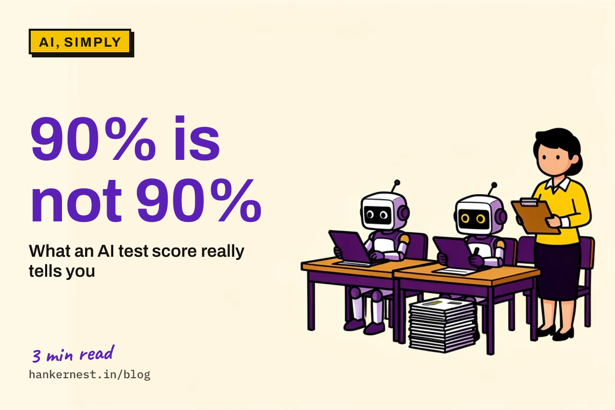 A cartoon exam room. Two small robots sit at desks taking a test while a teacher with a clipboard watches. A stack of practice papers sits under one desk.