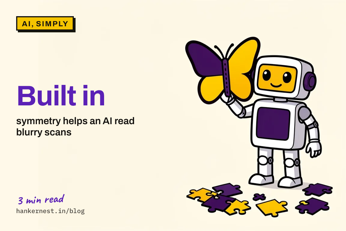 A friendly cartoon robot holds up a folded butterfly cut-out whose two wings match exactly. Scattered puzzle pieces lie on the floor beside it.