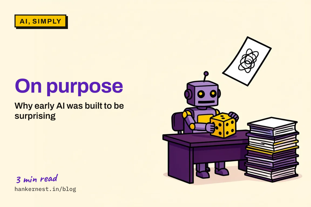 A cartoon robot at a desk holds a large yellow die. A neat stack of books sits beside it, and one loose page floats above with a wobbly scribble.