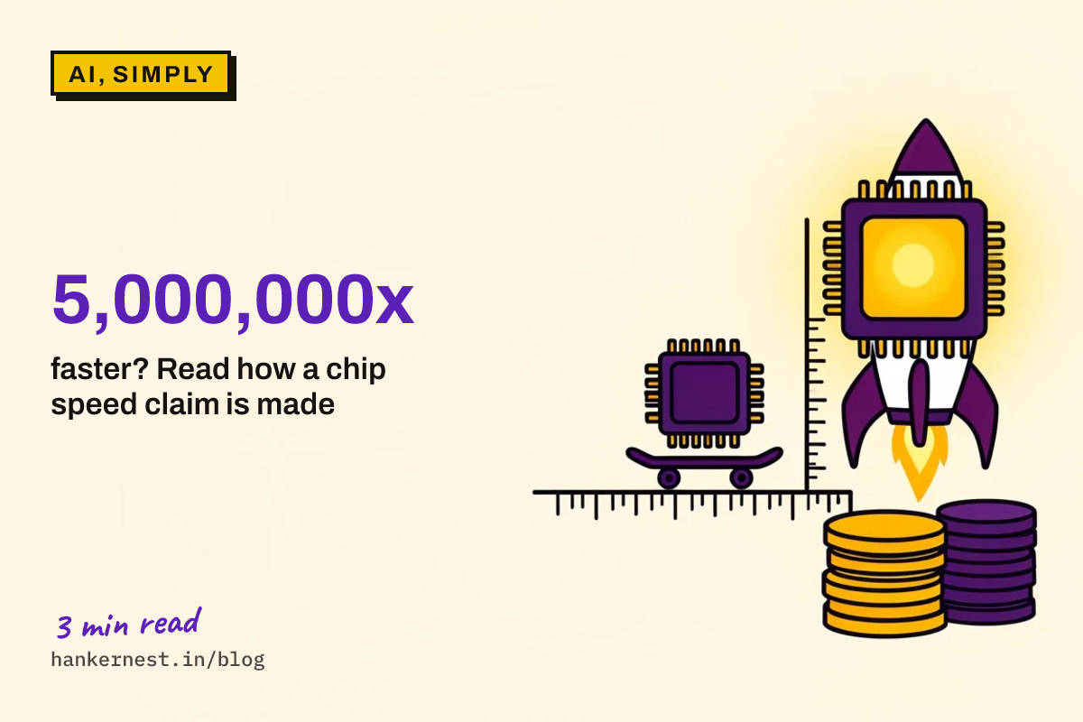 A small chip rides a skateboard beside a measuring tape. A big glowing chip sits on a rocket. Two piles of coins in different colours lie in front.