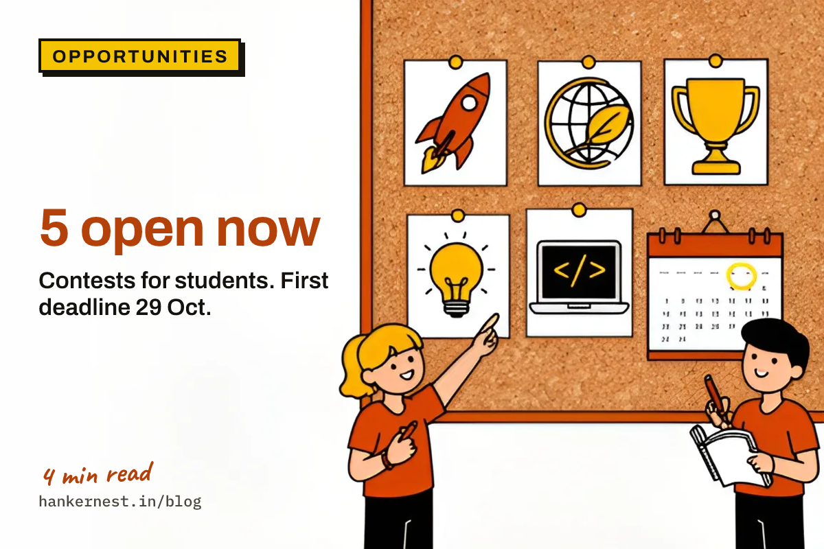 Two cartoon students at a notice board pinned with five cards: a rocket, a globe with a leaf, a trophy, a light bulb and a laptop. A calendar beside the cards has one date circled.