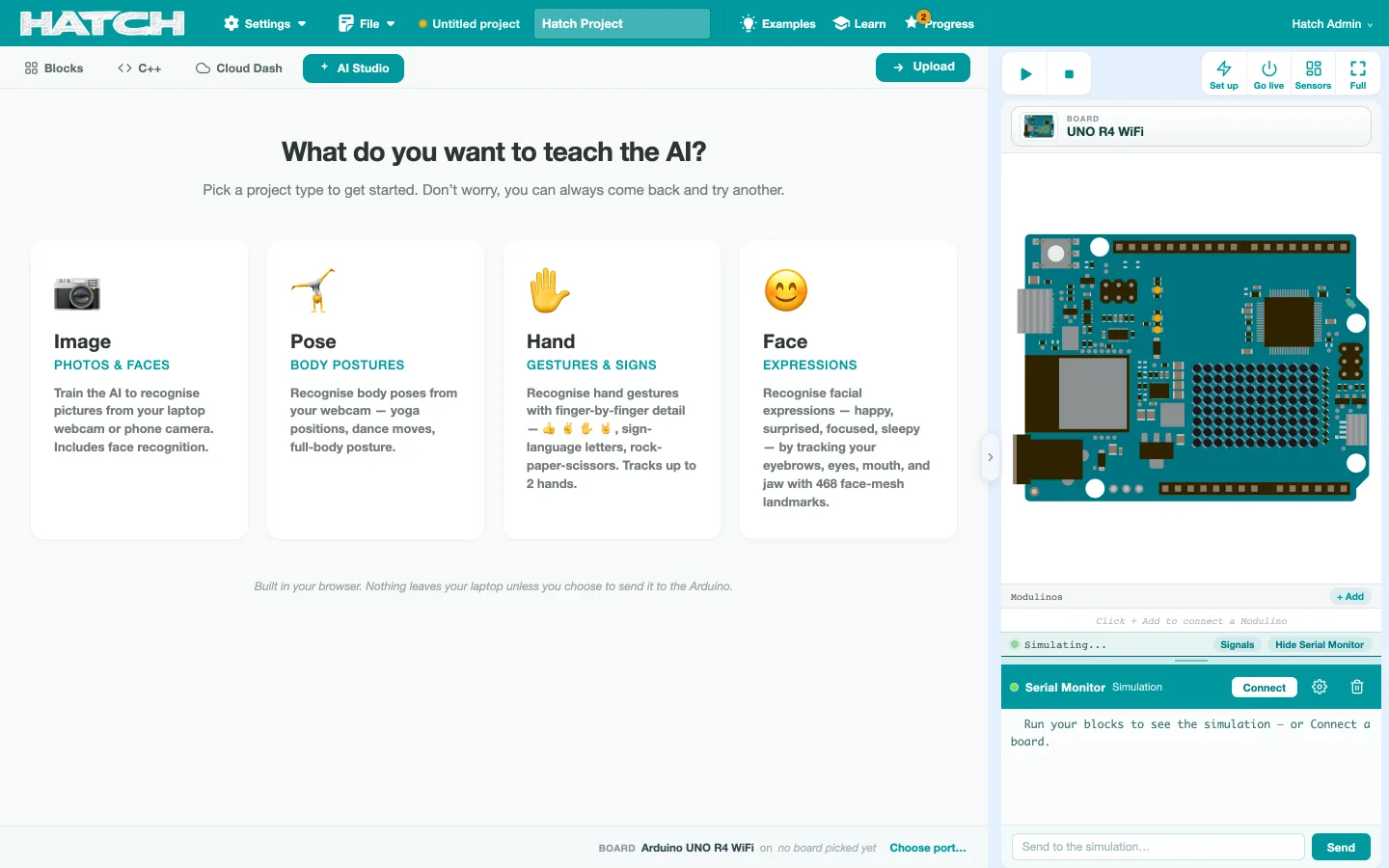 AI Studio in Hatch asking What do you want to teach the AI, with four project types: Image, Pose, Hand and Face.