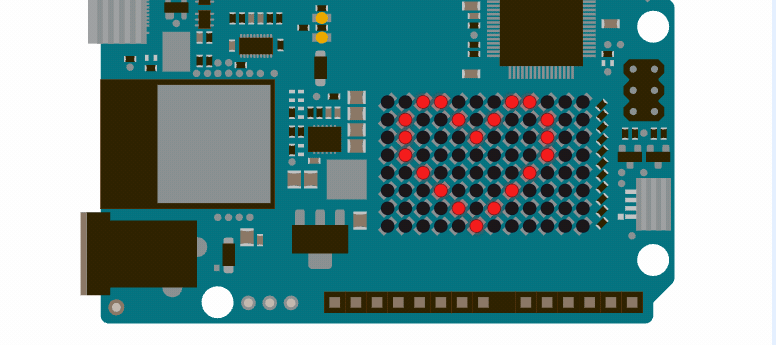 The drawn Arduino UNO R4 WiFi in Hatch's simulator, its LED matrix showing a heart that switches on and off.