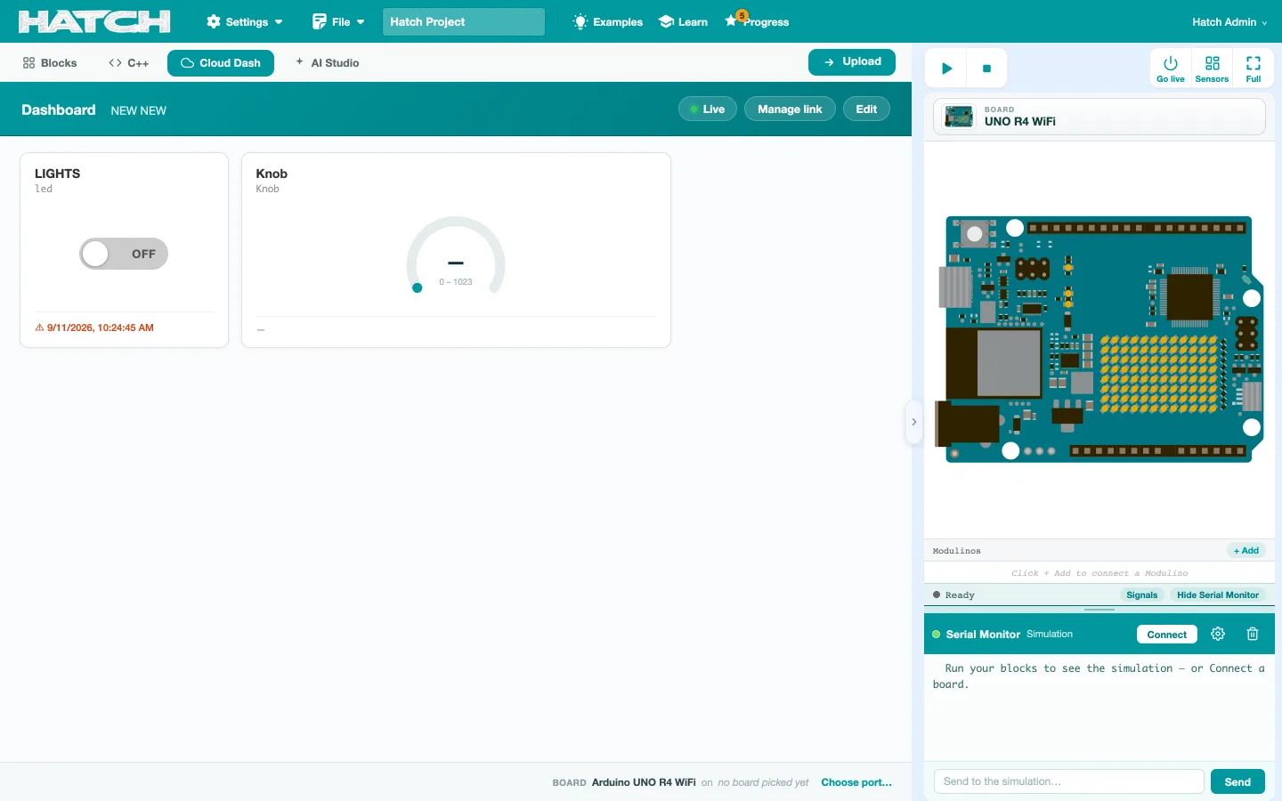 Cloud Dash in Hatch: a dashboard with a Lights switch and a Knob gauge, marked Live, with Manage link and Edit buttons.