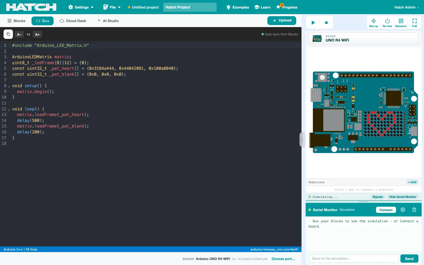 The C++ tab in Hatch showing the eighteen lines generated for the Pulsing Heart example, beside the drawn board.