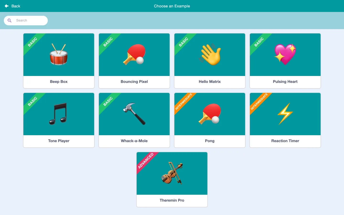 Hatch's example gallery: nine projects from Beep Box to Theremin Pro, each labelled basic, intermediate or advanced.