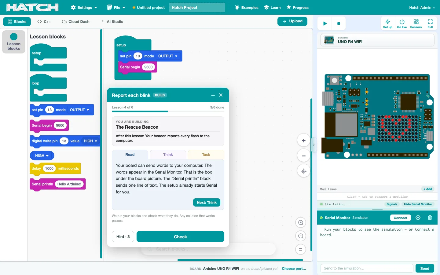 Hatch in the browser: a lesson panel titled Report each blink sits over a blocks workspace, with a drawn Arduino UNO R4 WiFi running on the right.
