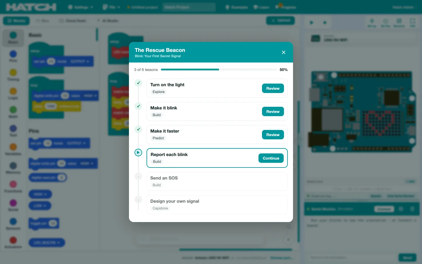The Rescue Beacon track: six lessons listed with three ticked and the fourth ready to continue.